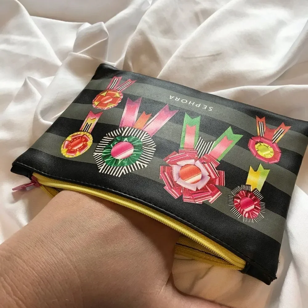 Sephora Makeup Bag Travel Black Yellow Zip Striped Bows NEW
